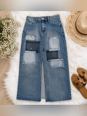 Fidelity Denim Sparky Patchwork Midi Denim Skirt NWT Raw Hem Slit Skirt Size 26